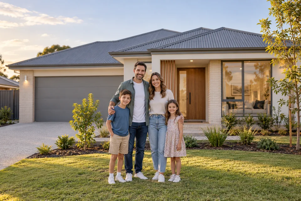 Illustrative family standing outside a newly built contemporary Australian home